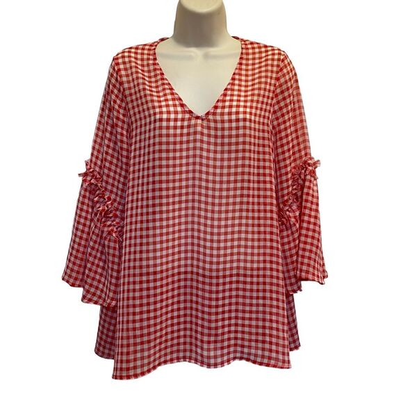 Pleione Gingham Ruffle Blouse Sheer Red White Check Sz M - Picture 2 of 9